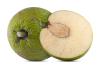 A breadfruit next to a slice of a breadfruit.